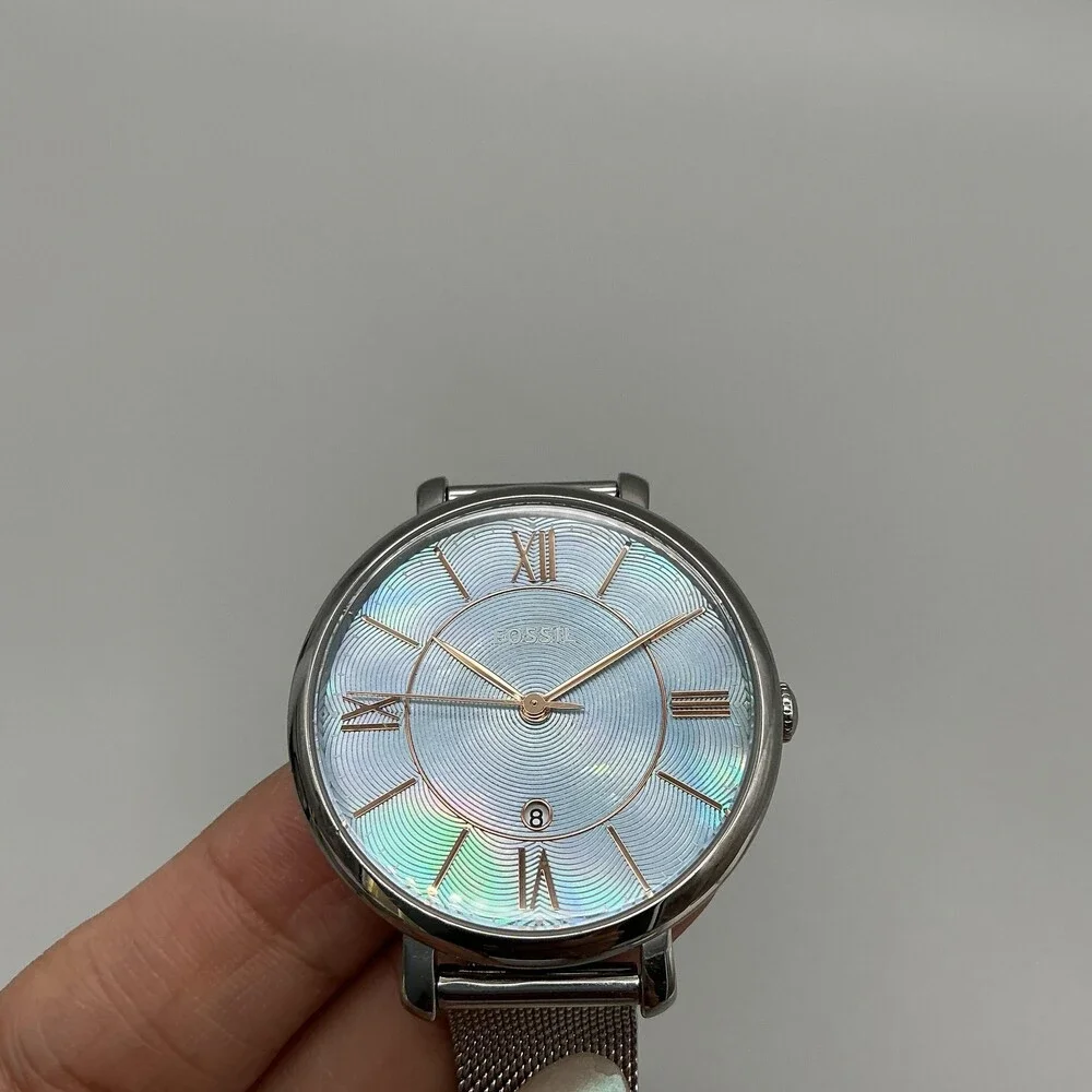 Fossil ES4322 Womens Watch 36mm Blue Dial Stainless Date Mesh Band New Battery